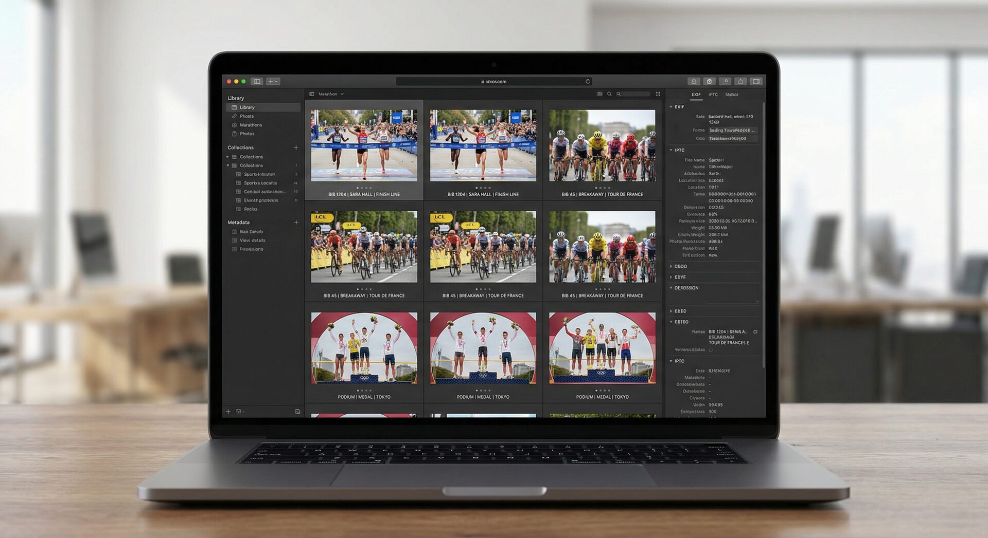 Photo management software showing organized race photos with IPTC metadata, tags, and collection structure