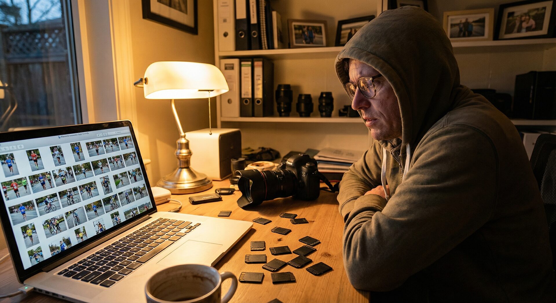 Race photographer at desk after event with laptop showing photo grid, SD cards scattered, and camera — the post-event workflow begins