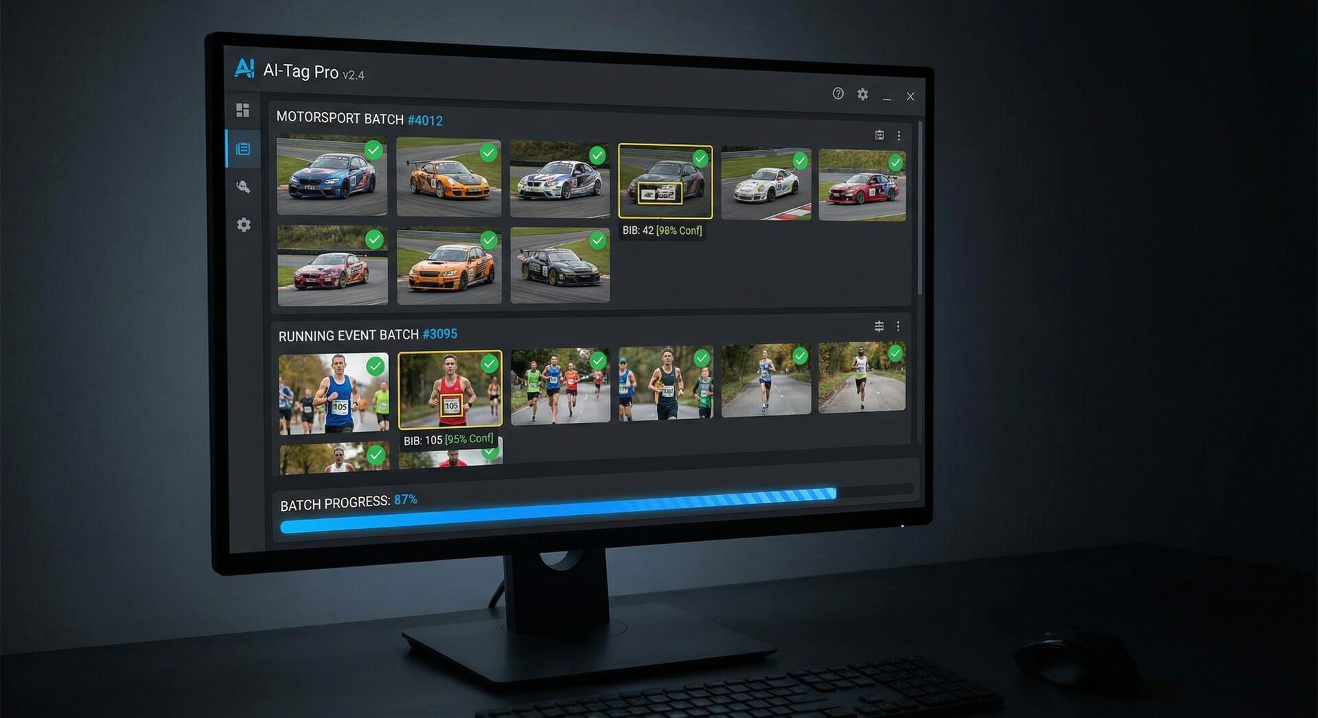 AI-powered photo tagging interface showing automated race photo processing with detected bib numbers and confidence scores