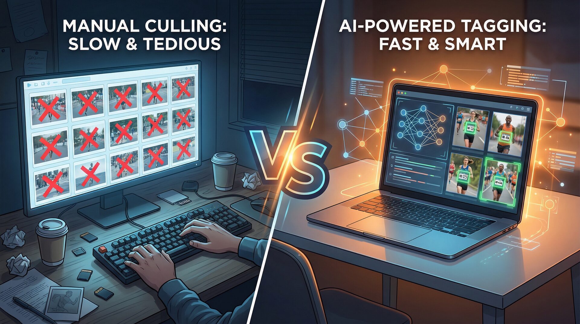 Split comparison: manual culling workflow on the left versus AI-powered automated tagging on the right