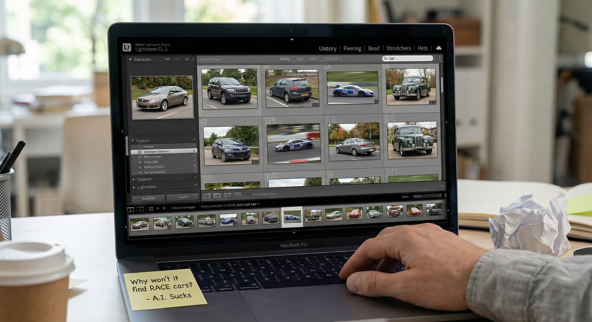 Lightroom generic search for 'car' returning random vehicles — no race-specific organization possible