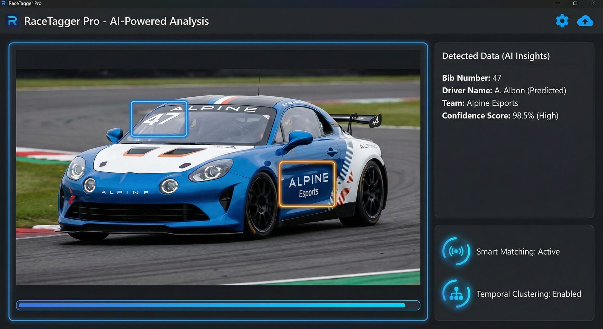 RaceTagger AI interface showing precise bib detection with driver names, confidence scores and smart matching