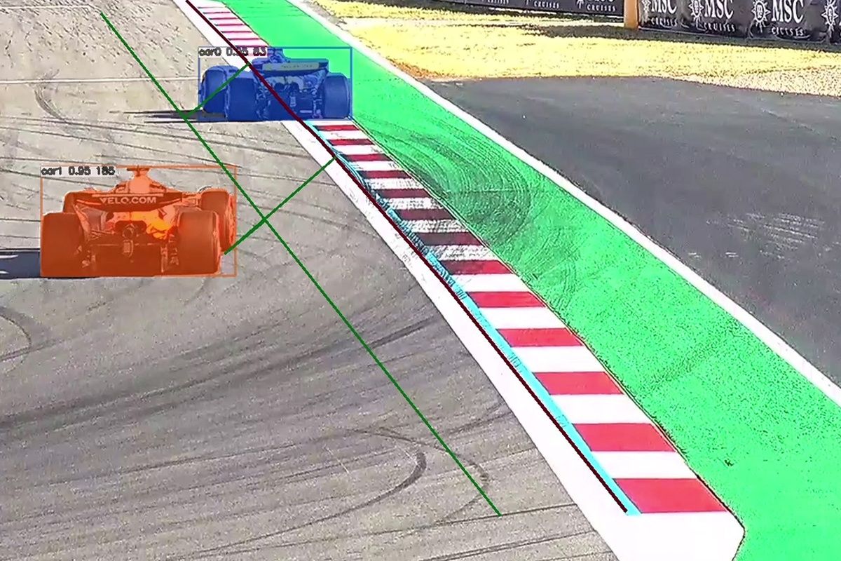 AI car detection with bounding boxes tracking multiple F1 cars simultaneously